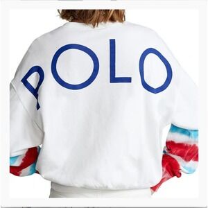 POLO RALPH LAUREN CROPPED SWEATSHIRT WOMENS MEDIUM TIE DYE WHITE RED BLUE TERRY